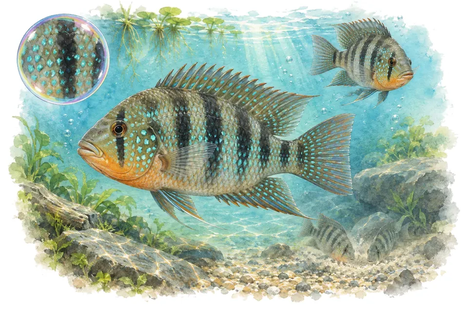 Aquarelle : Cichlidé du Tamasopo (Herichthys tamasopoensis) dans une eau turquoise lumineuse, avec une vue de trois quarts et un détail dans une bulle.