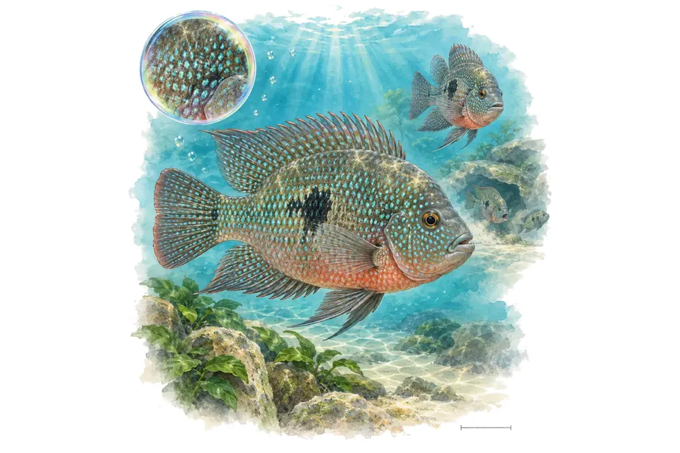 Aquarelle : Cichlidé du Texas (Herichthys cyanoguttatus) dans une eau turquoise lumineuse, avec une vue de trois quarts et un détail dans une bulle.