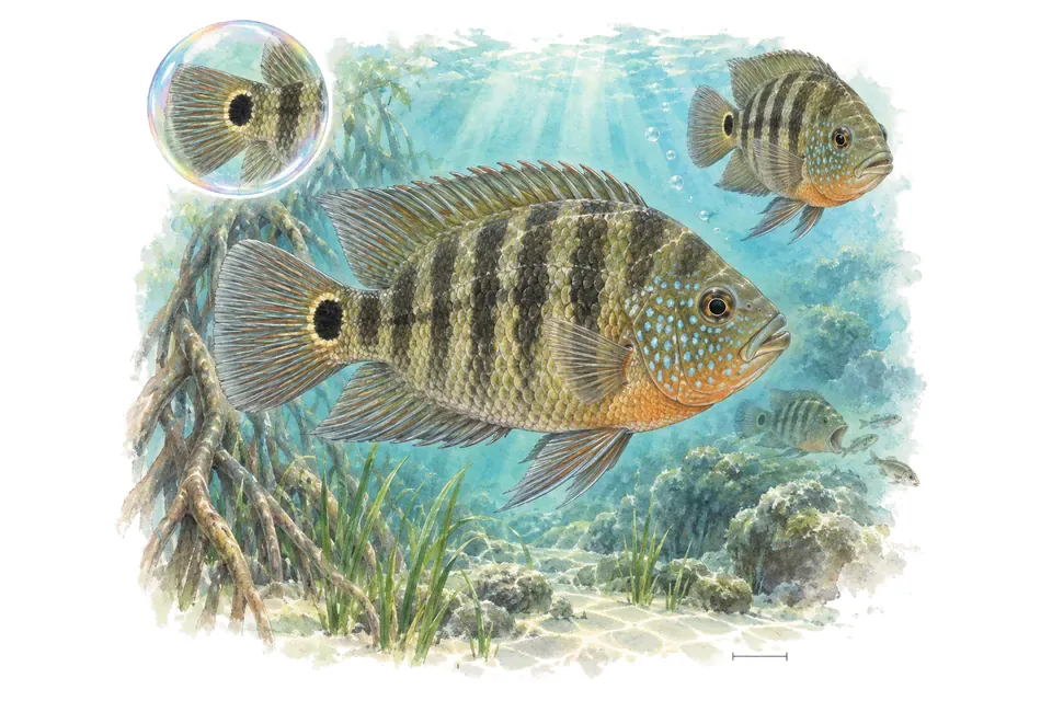 Aquarelle : Cichlidé du Yucatán (Mayaheros urophthalmus) dans une eau turquoise lumineuse, avec une vue de trois quarts et un détail dans une bulle.