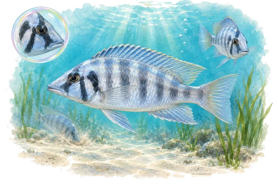 Aquarelle : Cichlidé electra (Placidochromis electra) dans une eau turquoise lumineuse, avec une vue de trois quarts et un détail dans une bulle.