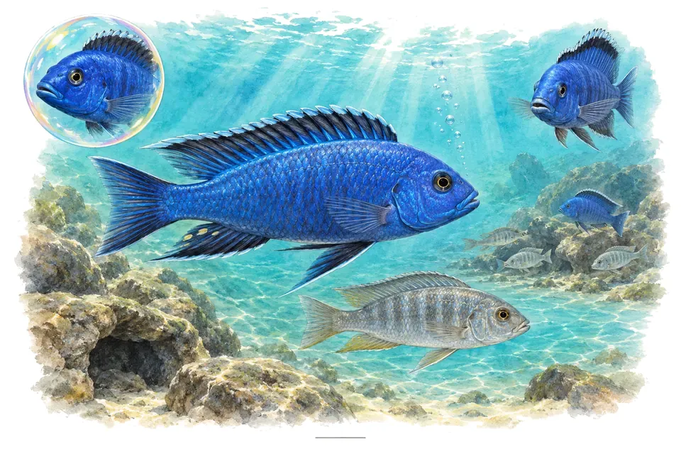 Aquarelle : Cichlidé électrique bleu (Sciaenochromis fryeri) dans une eau turquoise lumineuse, avec une vue de trois quarts et un détail dans une bulle.