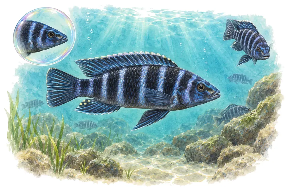 Aquarelle : Cichlidé elongatus (Chindongo elongatus) dans une eau turquoise lumineuse, avec une vue de trois quarts et un détail dans une bulle.
