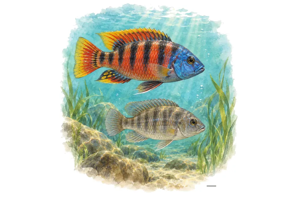 Aquarelle : Cichlidé empereur du lac Victoria, mâle et femelle l'un au-dessus de l'autre dans une eau turquoise.