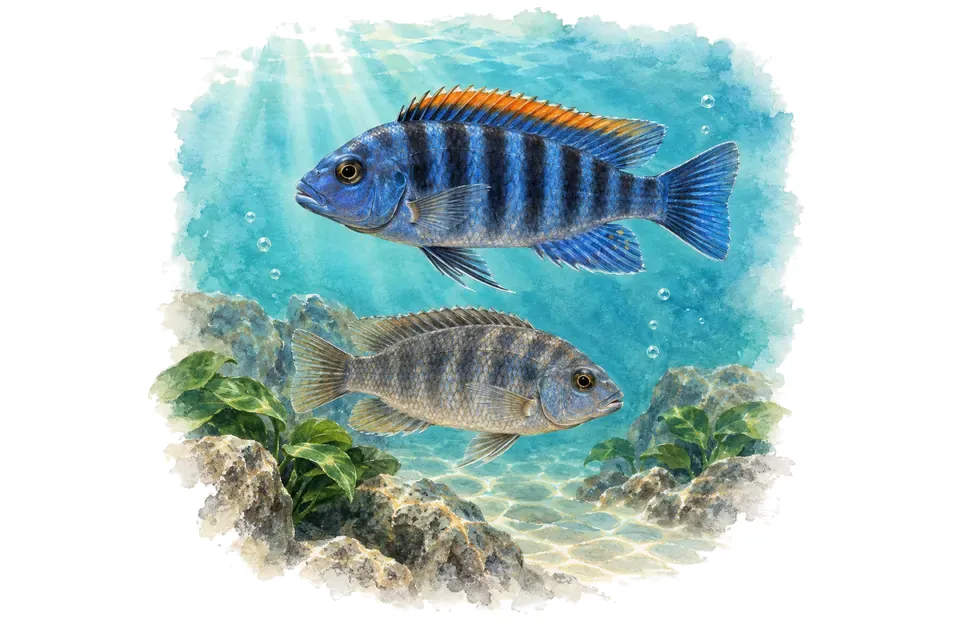 Aquarelle : Cichlidé hongi, mâle et femelle l'un au-dessus de l'autre dans une eau turquoise.