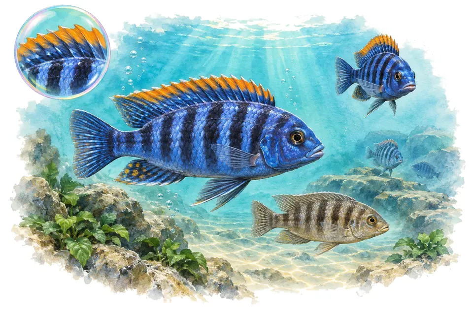 Aquarelle : Cichlidé hongi (Labidochromis sp. « hongi ») dans une eau turquoise lumineuse, avec une vue de trois quarts et un détail dans une bulle.