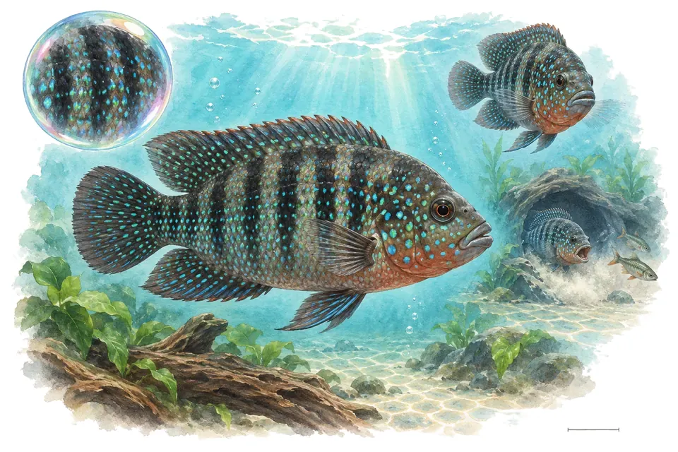 Aquarelle : Cichlidé Jack Dempsey (Rocio octofasciata) dans une eau turquoise lumineuse, avec une vue de trois quarts et un détail dans une bulle.