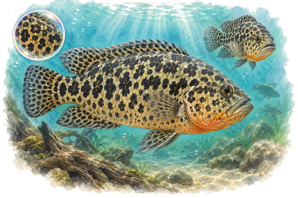 Aquarelle : Cichlidé jaguar (Parachromis managuensis) dans une eau turquoise lumineuse, avec une vue de trois quarts et un détail dans une bulle.
