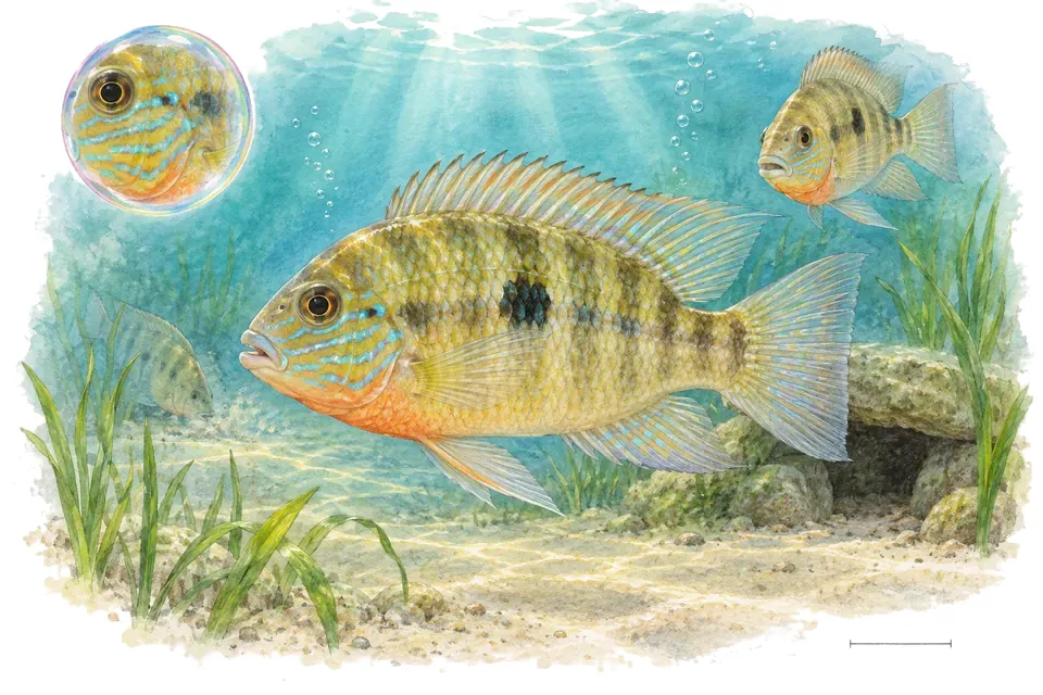 Aquarelle : Cichlidé jaune du Yucatán (Thorichthys pasionis) dans une eau turquoise lumineuse, avec une vue de trois quarts et un détail dans une bulle.