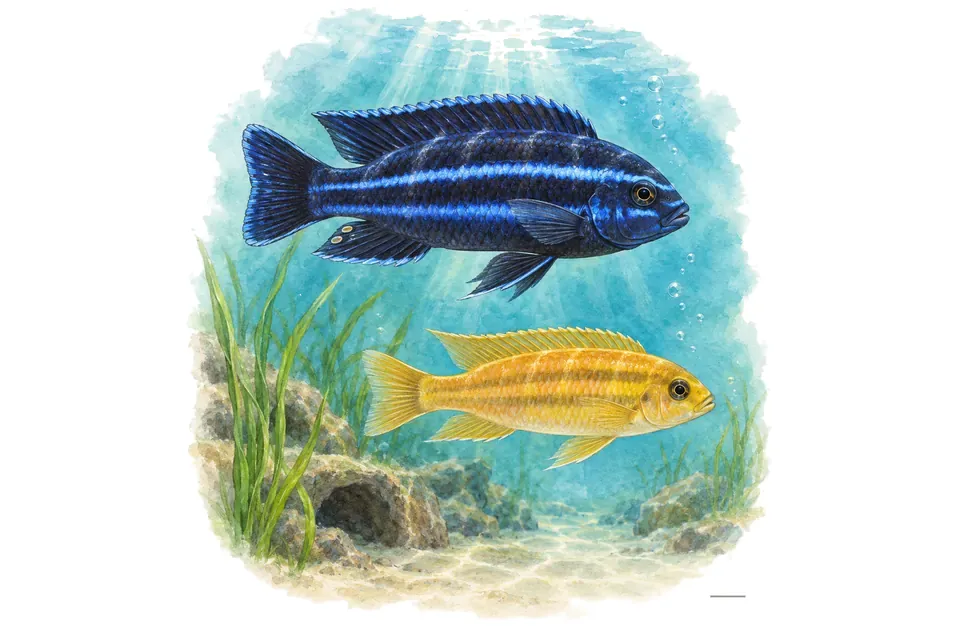 Aquarelle : Cichlidé johannii, mâle et femelle l'un au-dessus de l'autre dans une eau turquoise.