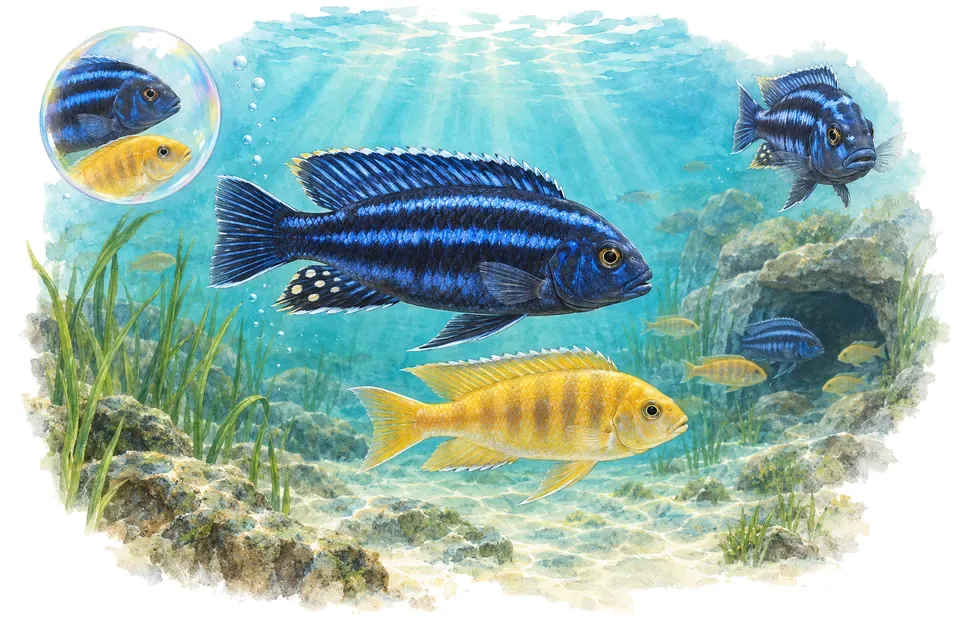 Aquarelle : Cichlidé johannii (Pseudotropheus johannii) dans une eau turquoise lumineuse, avec une vue de trois quarts et un détail dans une bulle.