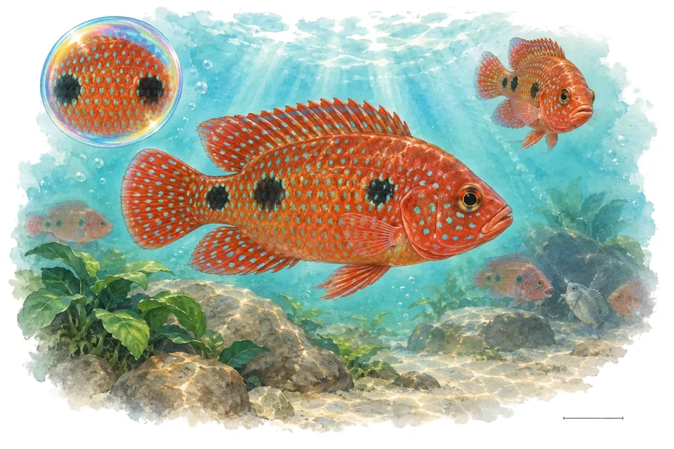 Aquarelle : Cichlidé joyau à deux taches (Rubricatochromis bimaculatus) dans une eau turquoise lumineuse, avec une vue de trois quarts et un détail dans une bulle.
