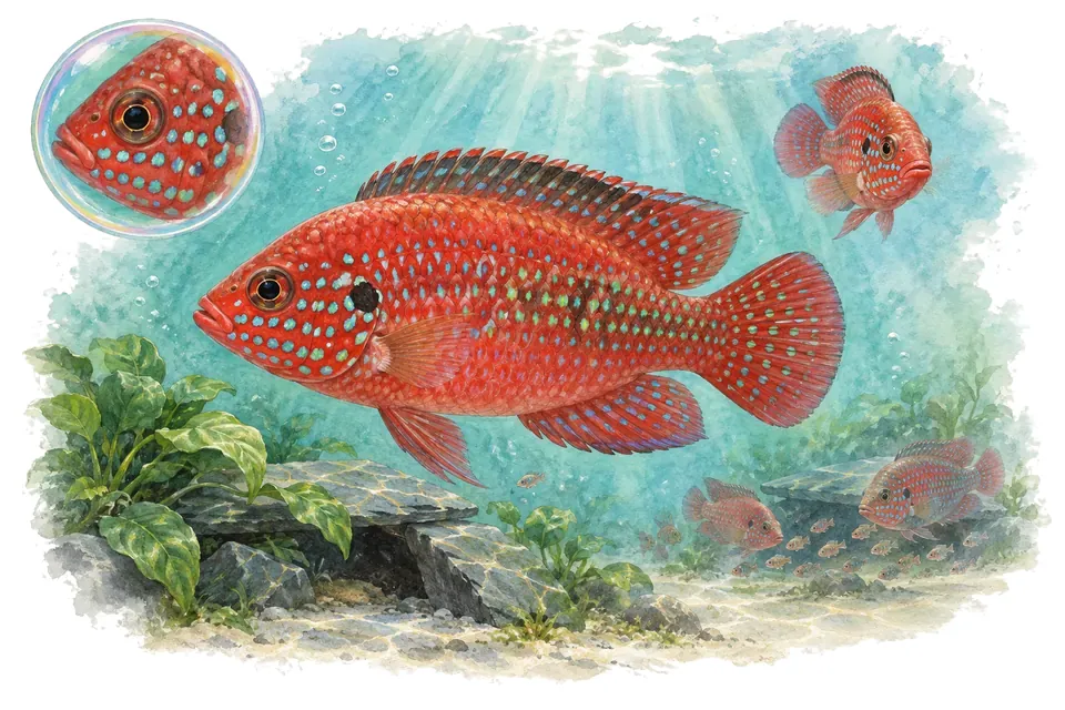 Aquarelle : Cichlidé joyau rouge (Rubricatochromis lifalili) dans une eau turquoise lumineuse, avec une vue de trois quarts et un détail dans une bulle.