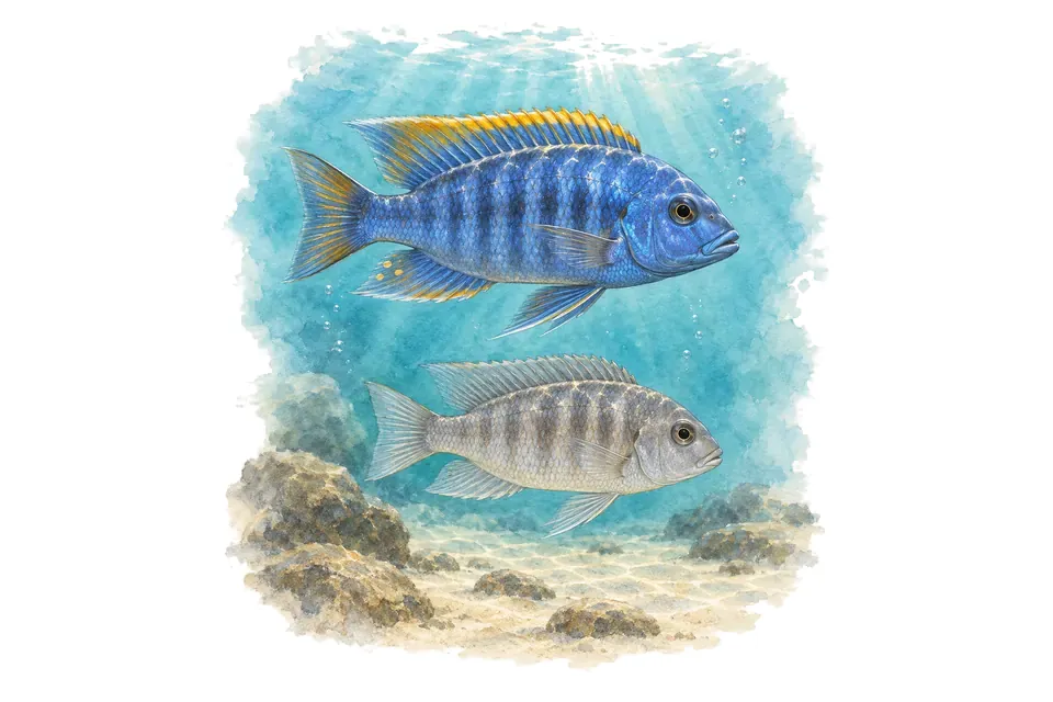 Aquarelle : Cichlidé lithobates, mâle et femelle l'un au-dessus de l'autre dans une eau turquoise.