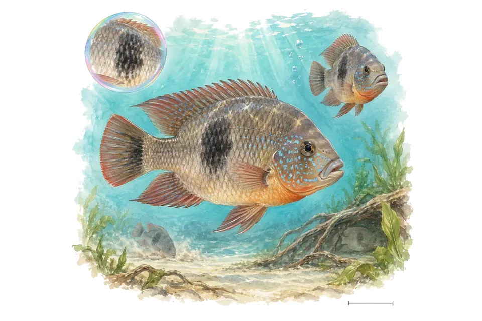Aquarelle : Cichlidé maculicauda (Vieja maculicauda) dans une eau turquoise lumineuse, avec une vue de trois quarts et un détail dans une bulle.