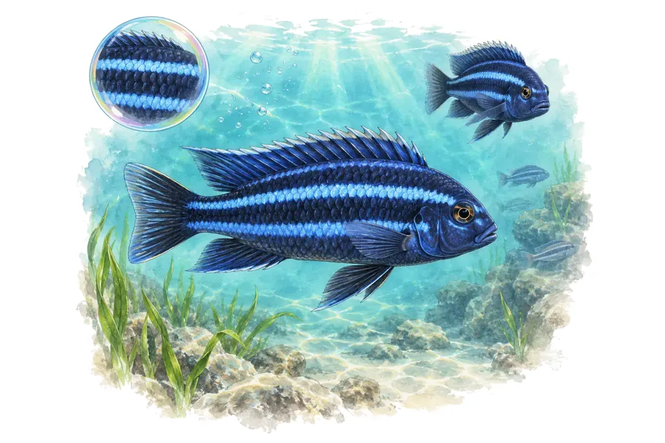 Aquarelle : Cichlidé maingano (Pseudotropheus cyaneorhabdos) dans une eau turquoise lumineuse, avec une vue de trois quarts et un détail dans une bulle.