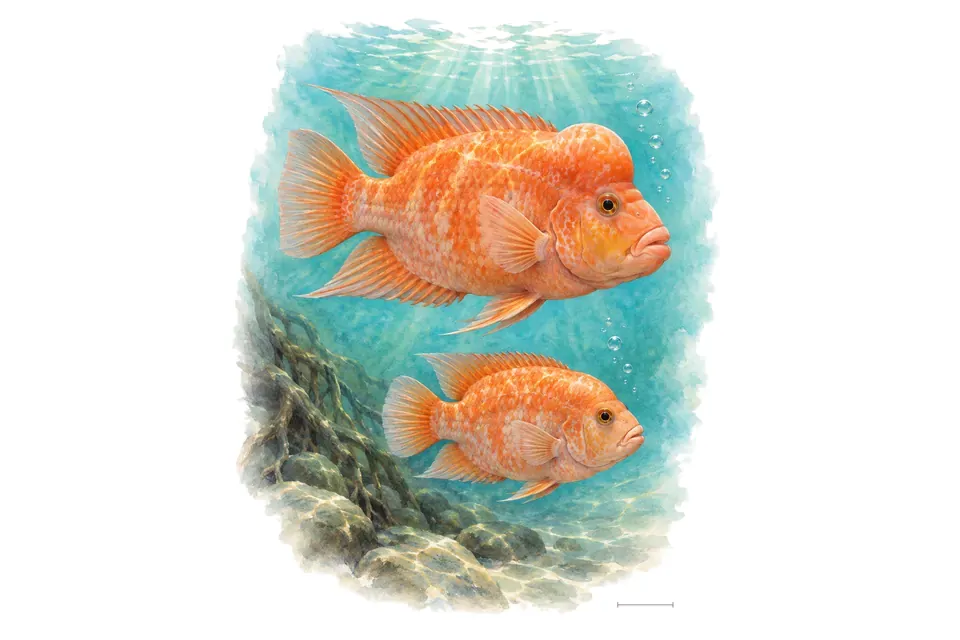 Aquarelle : Cichlidé midas, mâle et femelle l'un au-dessus de l'autre dans une eau turquoise.