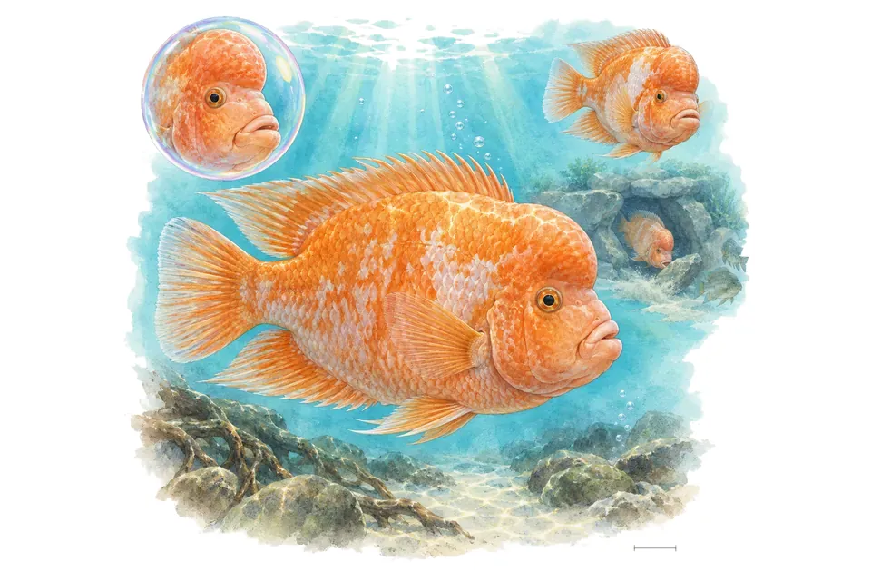 Aquarelle : Cichlidé midas (Amphilophus citrinellus) dans une eau turquoise lumineuse, avec une vue de trois quarts et un détail dans une bulle.