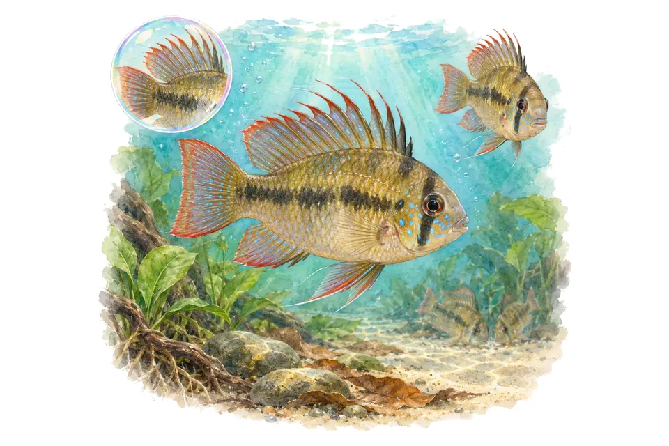 Aquarelle : Cichlidé nain de Bolivie (Mikrogeophagus altispinosus) dans une eau turquoise lumineuse, avec une vue de trois quarts et un détail dans une bulle.