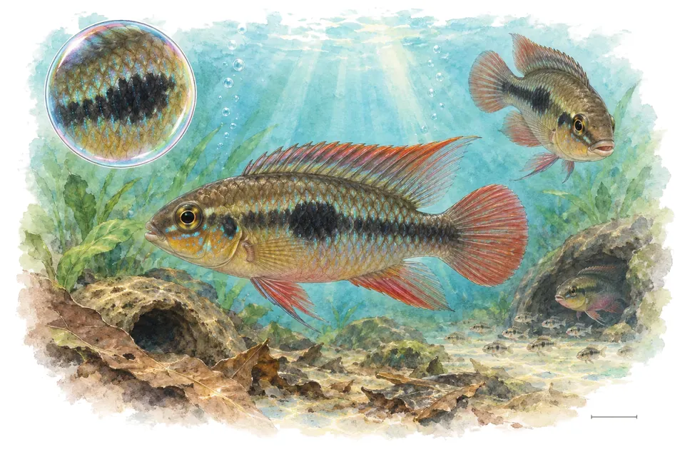 Aquarelle : Cichlidé nain de Guinée (Pelvicachromis roloffi) dans une eau turquoise lumineuse, avec une vue de trois quarts et un détail dans une bulle.