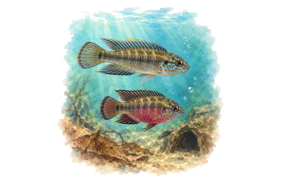 Aquarelle : Cichlidé nain de l'Uganda, mâle et femelle l'un au-dessus de l'autre dans une eau turquoise.