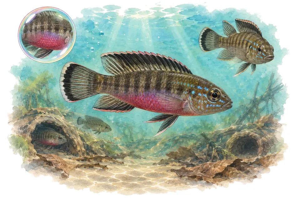 Aquarelle : Cichlidé nain de l'Uganda (Nanochromis transvestitus) dans une eau turquoise lumineuse, avec une vue de trois quarts et un détail dans une bulle.