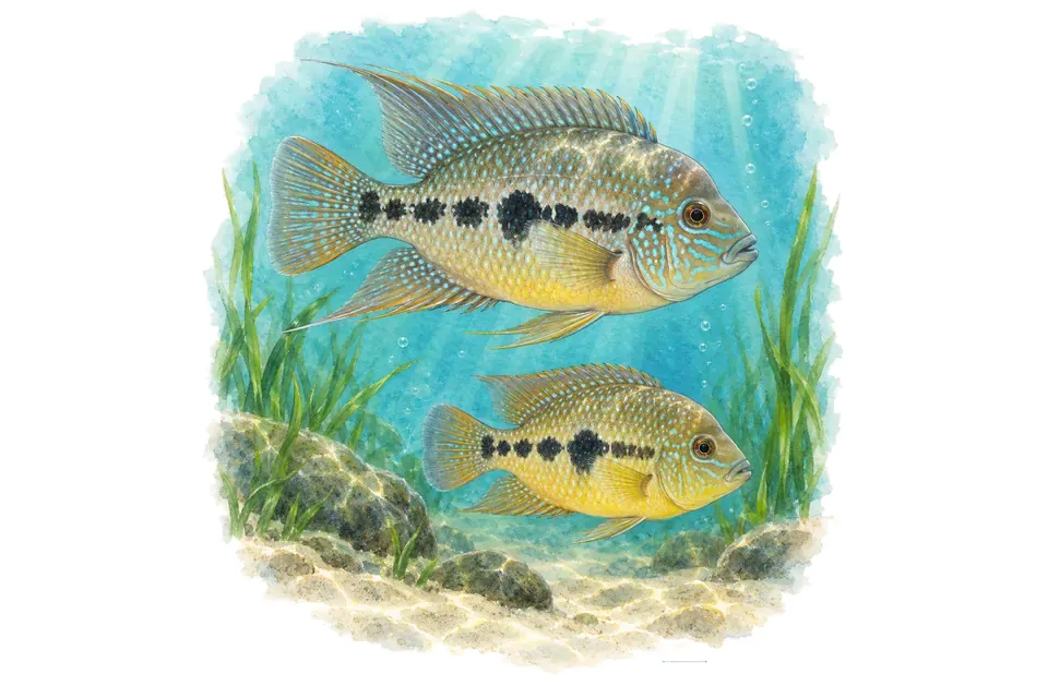 Aquarelle : Cichlidé nicaraguayen, mâle et femelle l'un au-dessus de l'autre dans une eau turquoise.