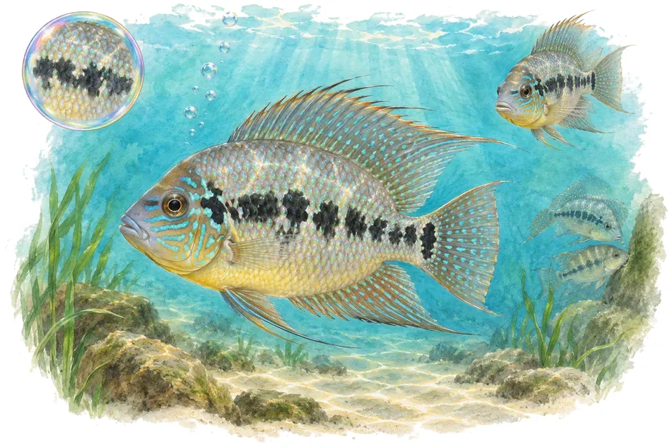 Aquarelle : Cichlidé nicaraguayen (Hypsophrys nicaraguensis) dans une eau turquoise lumineuse, avec une vue de trois quarts et un détail dans une bulle.