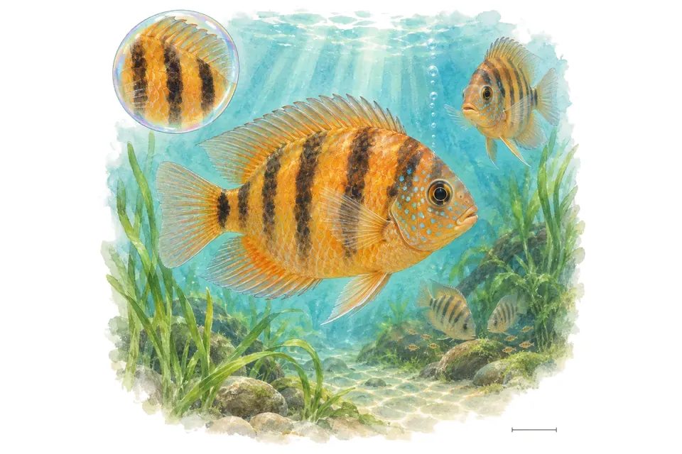 Aquarelle : Cichlidé orange d’Inde (Pseudetroplus maculatus) dans une eau turquoise lumineuse, avec une vue de trois quarts et un détail dans une bulle.