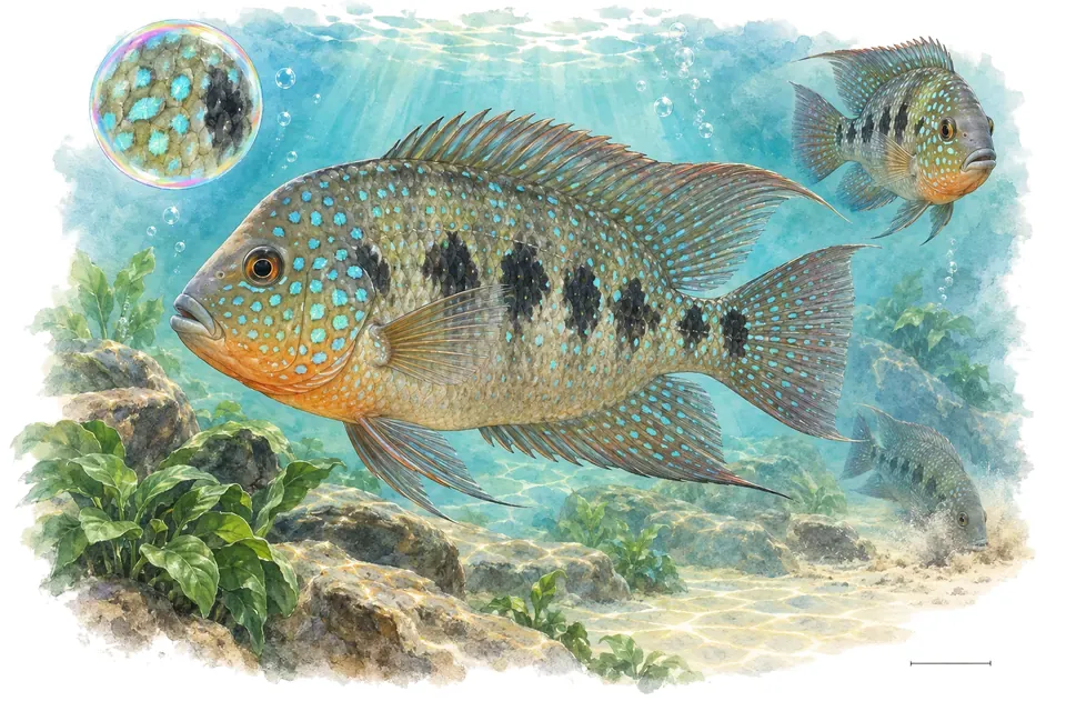 Aquarelle : Cichlidé perlé du Texas (Herichthys carpintis) dans une eau turquoise lumineuse, avec une vue de trois quarts et un détail dans une bulle.