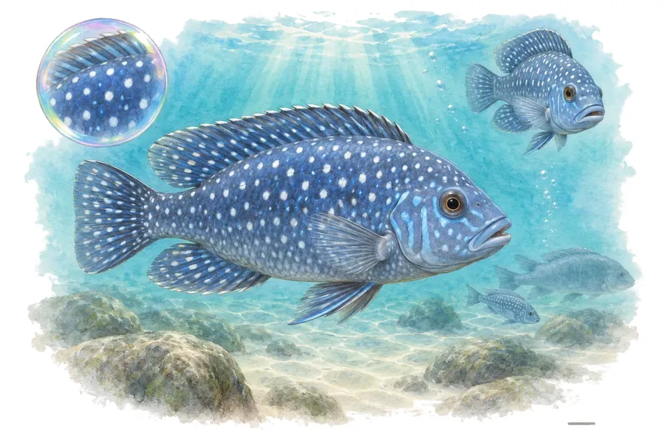 Aquarelle : Cichlidé phenochilus (Placidochromis phenochilus) dans une eau turquoise lumineuse, avec une vue de trois quarts et un détail dans une bulle.