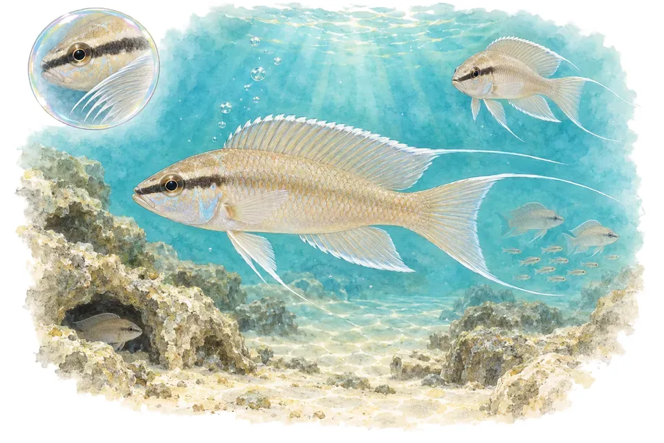 Aquarelle : Cichlidé princesse du Burundi (Neolamprologus brichardi) dans une eau turquoise lumineuse, avec une vue de trois quarts et un détail dans une bulle.