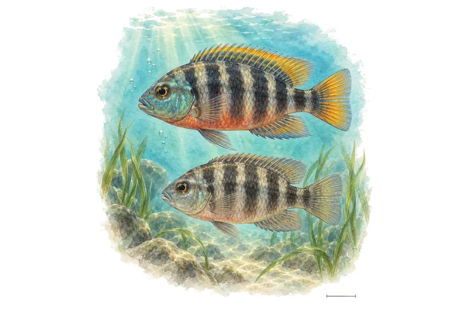 Aquarelle : Cichlidé rayé du lac Victoria, mâle et femelle l'un au-dessus de l'autre dans une eau turquoise.