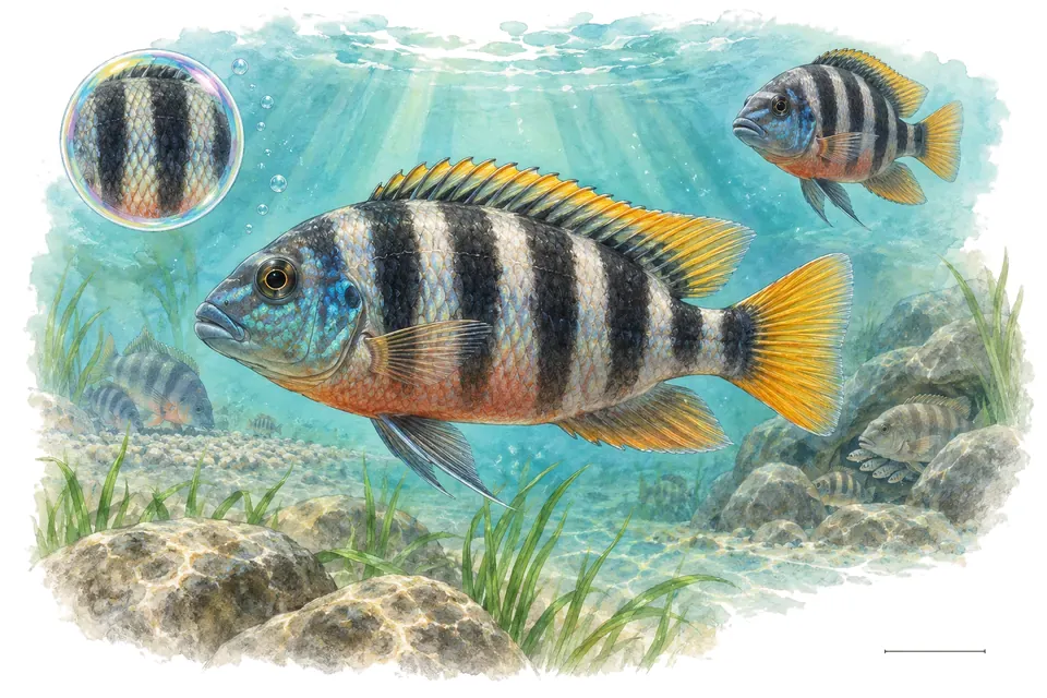 Aquarelle : Cichlidé rayé du lac Victoria (Haplochromis latifasciatus) dans une eau turquoise lumineuse, avec une vue de trois quarts et un détail dans une bulle.