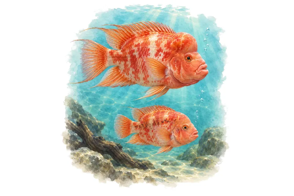Aquarelle : Cichlidé red devil, mâle et femelle l'un au-dessus de l'autre dans une eau turquoise.