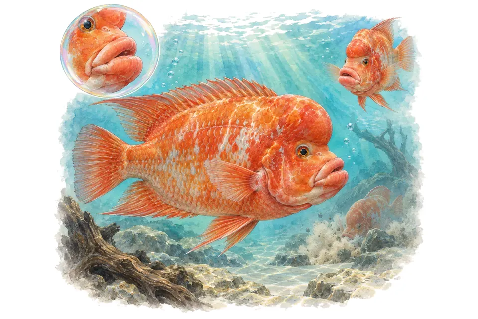 Aquarelle : Cichlidé red devil (Amphilophus labiatus) dans une eau turquoise lumineuse, avec une vue de trois quarts et un détail dans une bulle.
