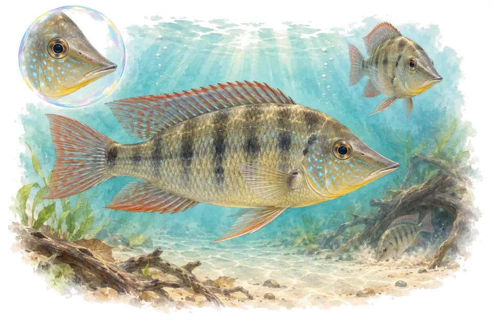 Aquarelle : Cichlidé rostratus (Cribroheros rostratus) dans une eau turquoise lumineuse, avec une vue de trois quarts et un détail dans une bulle.