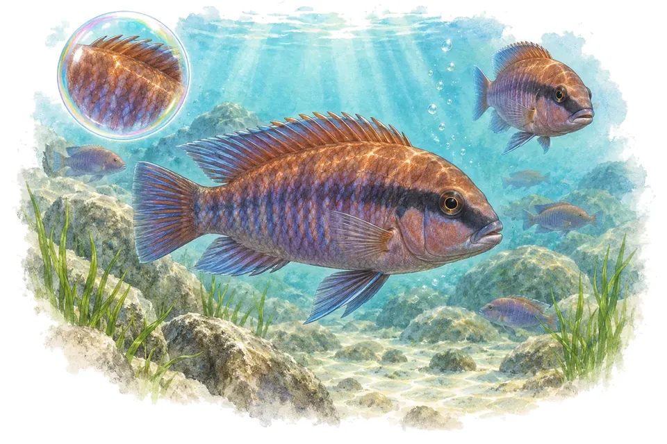 Aquarelle : Cichlidé rouille (Iodotropheus sprengerae) dans une eau turquoise lumineuse, avec une vue de trois quarts et un détail dans une bulle.