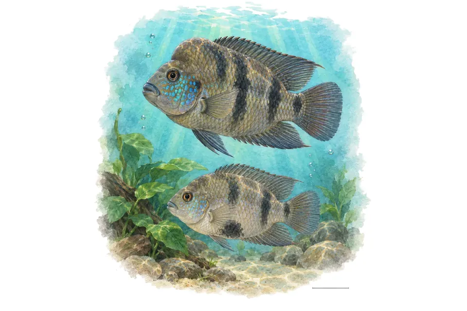 Aquarelle : Cichlidé sajica, mâle et femelle l'un au-dessus de l'autre dans une eau turquoise.