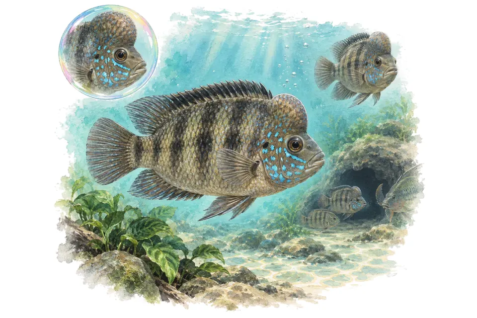Aquarelle : Cichlidé sajica (Cryptoheros sajica) dans une eau turquoise lumineuse, avec une vue de trois quarts et un détail dans une bulle.