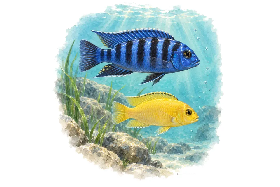 Aquarelle : Cichlidé saulosi, mâle et femelle l'un au-dessus de l'autre dans une eau turquoise.
