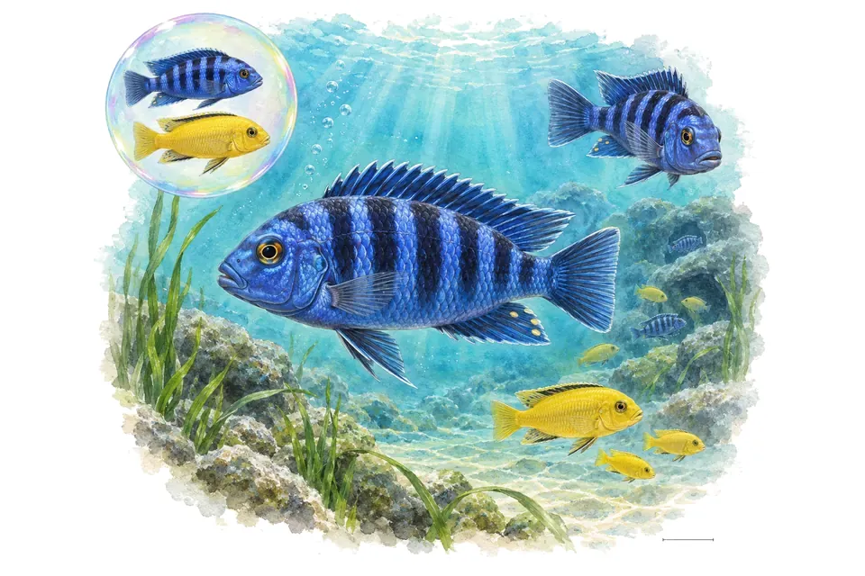 Aquarelle : Cichlidé saulosi (Chindongo saulosi) dans une eau turquoise lumineuse, avec une vue de trois quarts et un détail dans une bulle.