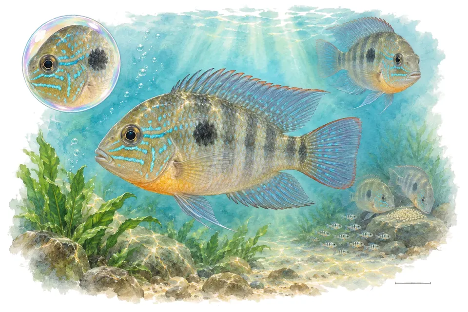 Aquarelle : Cichlidé socolofi (Thorichthys socolofi) dans une eau turquoise lumineuse, avec une vue de trois quarts et un détail dans une bulle.