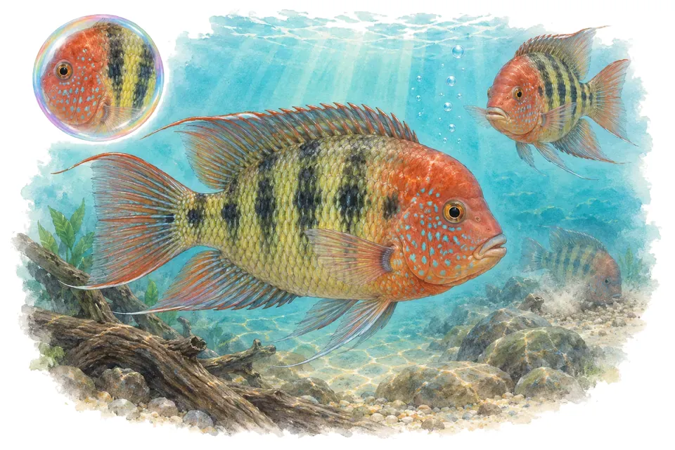 Aquarelle : Cichlidé synspilum (Vieja melanura) dans une eau turquoise lumineuse, avec une vue de trois quarts et un détail dans une bulle.