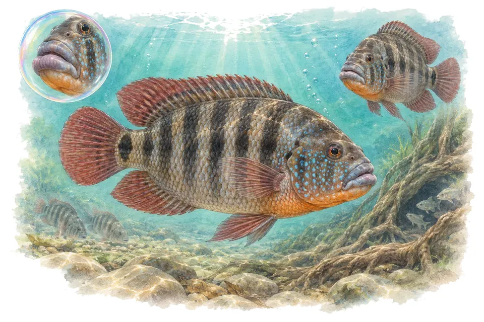 Aquarelle : Cichlidé tuba (Tomocichla tuba) dans une eau turquoise lumineuse, avec une vue de trois quarts et un détail dans une bulle.