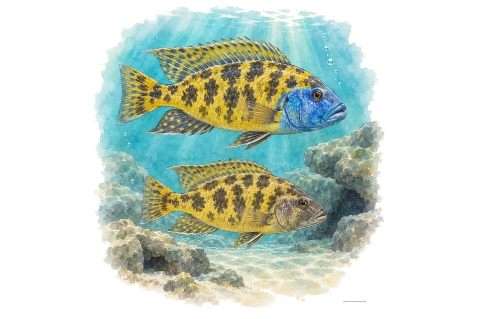 Aquarelle : Cichlidé venustus, mâle et femelle l'un au-dessus de l'autre dans une eau turquoise.