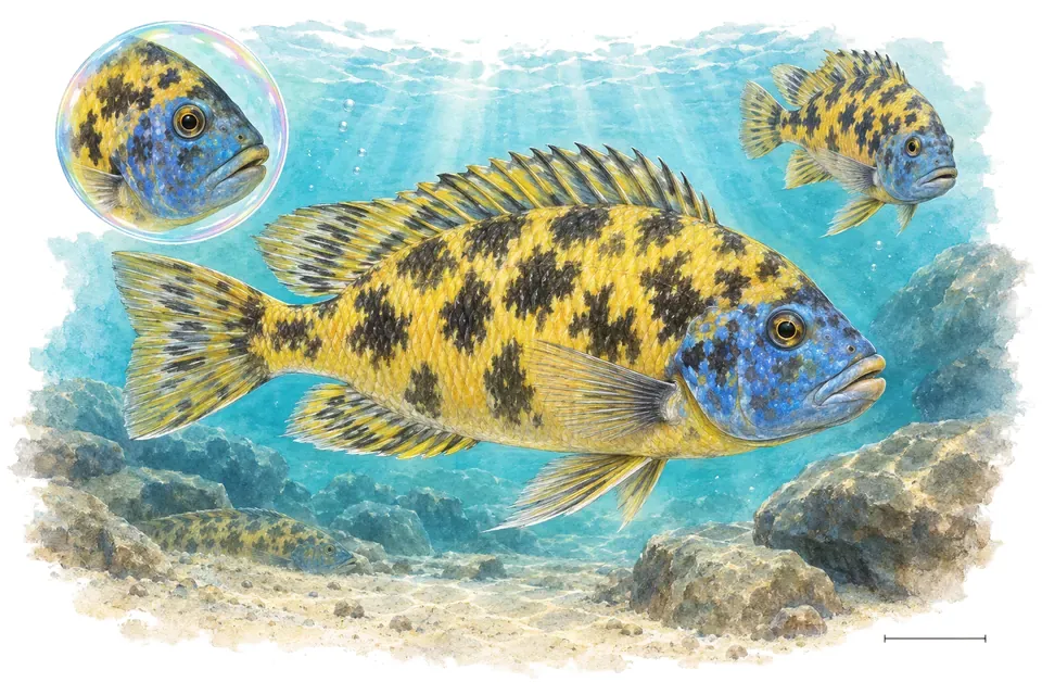 Aquarelle : Cichlidé venustus (Nimbochromis venustus) dans une eau turquoise lumineuse, avec une vue de trois quarts et un détail dans une bulle.