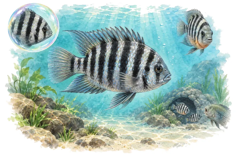 Aquarelle : Cichlidé zébré (Amatitlania nigrofasciata) dans une eau turquoise lumineuse, avec une vue de trois quarts et un détail dans une bulle.
