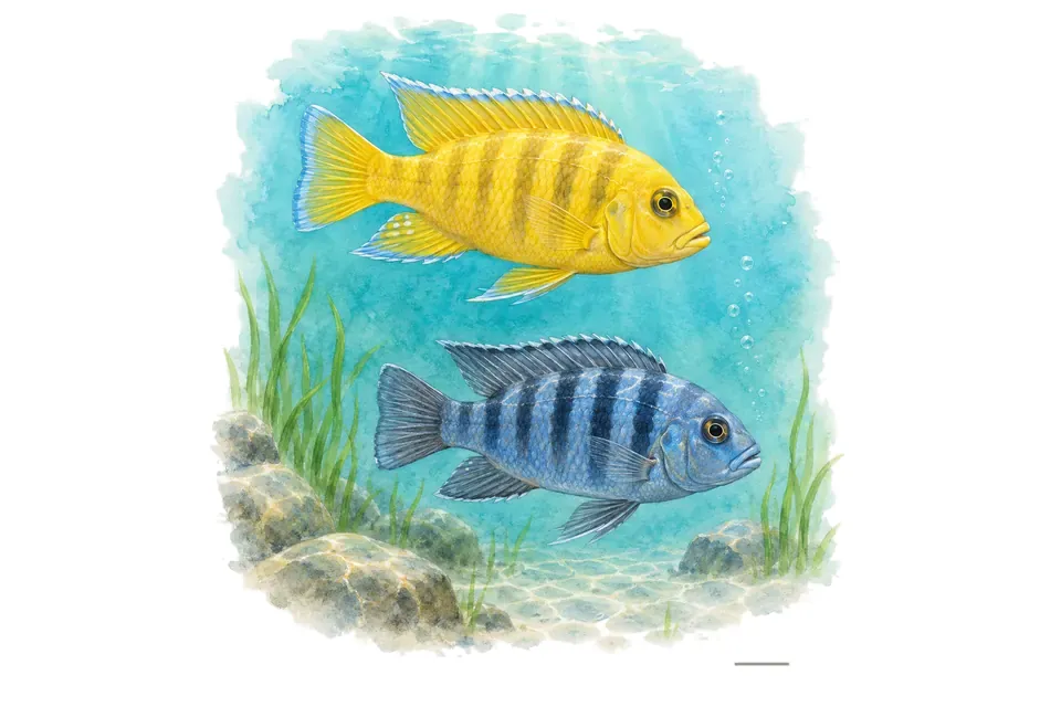 Aquarelle : Cichlidé zèbre de lombardoi, mâle et femelle l'un au-dessus de l'autre dans une eau turquoise.