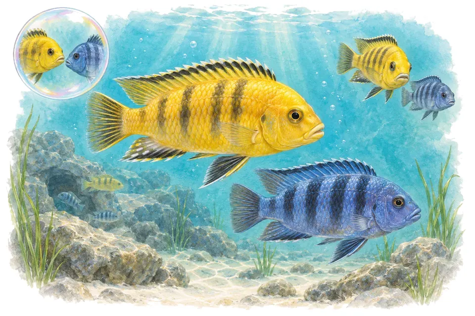 Aquarelle : Cichlidé zèbre de lombardoi (Maylandia lombardoi) dans une eau turquoise lumineuse, avec une vue de trois quarts et un détail dans une bulle.