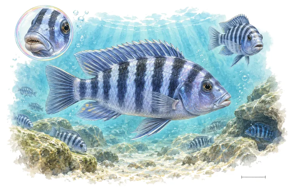 Aquarelle : Cichlidé zèbre du Malawi (Maylandia zebra) dans une eau turquoise lumineuse, avec une vue de trois quarts et un détail dans une bulle.